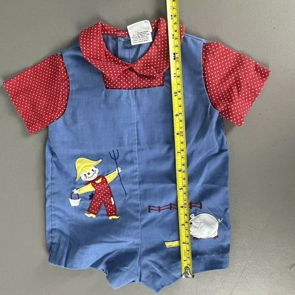 Vtg Nannette Baby One Piece Outfit Farmer Pig Blue Overalls Red White Polka Dot